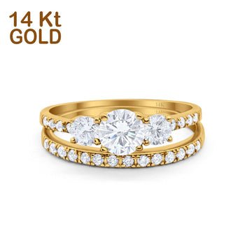14K Yellow Gold Round Three Stone Piece Wedding Bridal Set Ring Band Engagement Simulated CZ Size-7